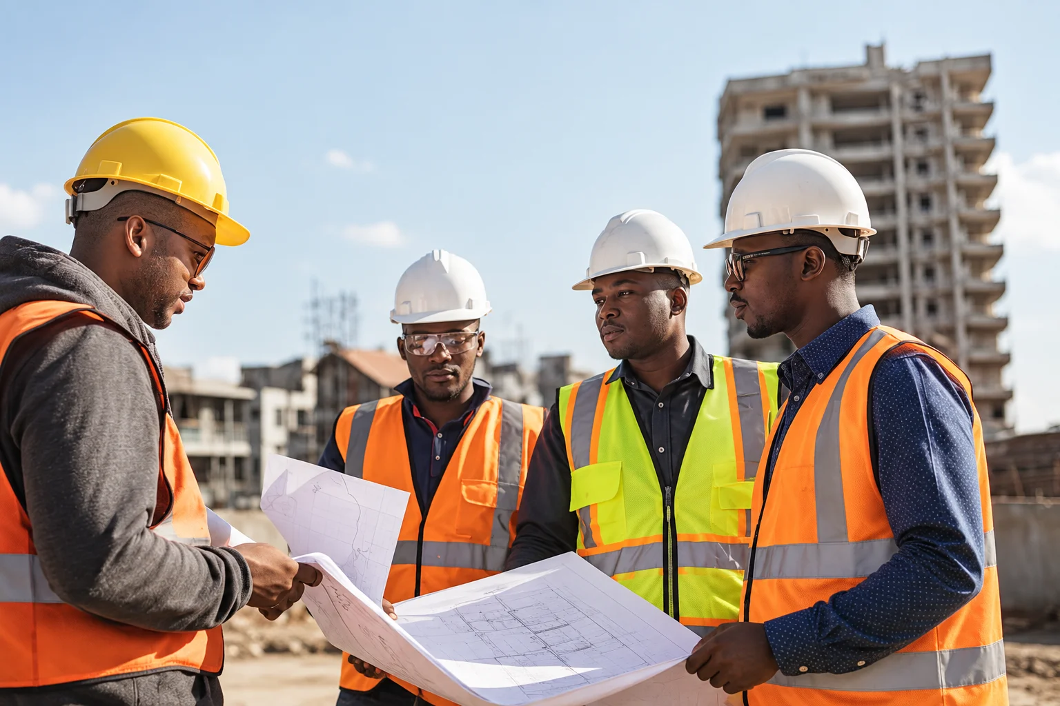 Illustration d’une équipe de chantier réunie autour de plans de construction